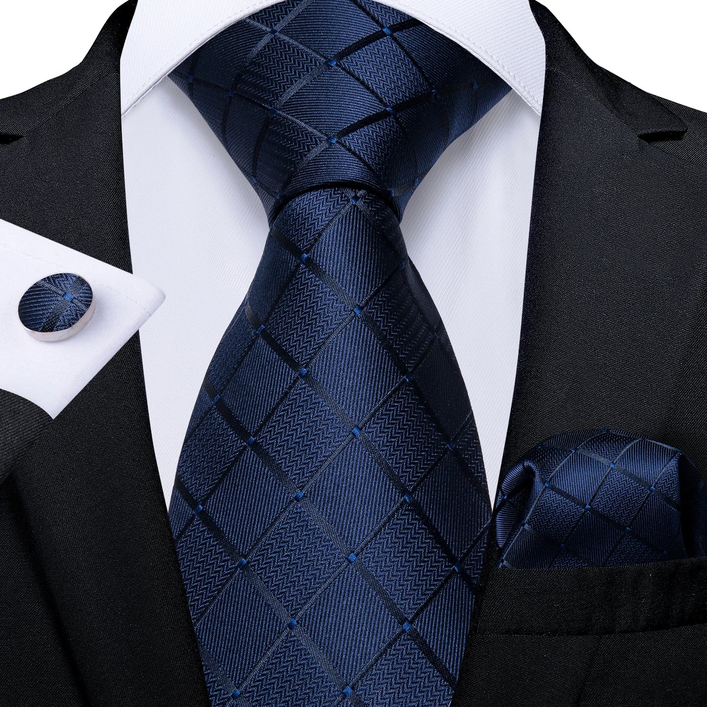 New Classic 100% Silk Men's Ties 8cm Blue Plaid Dot Striped Business Necktie Handkerchief Wedding Party Tie Set
