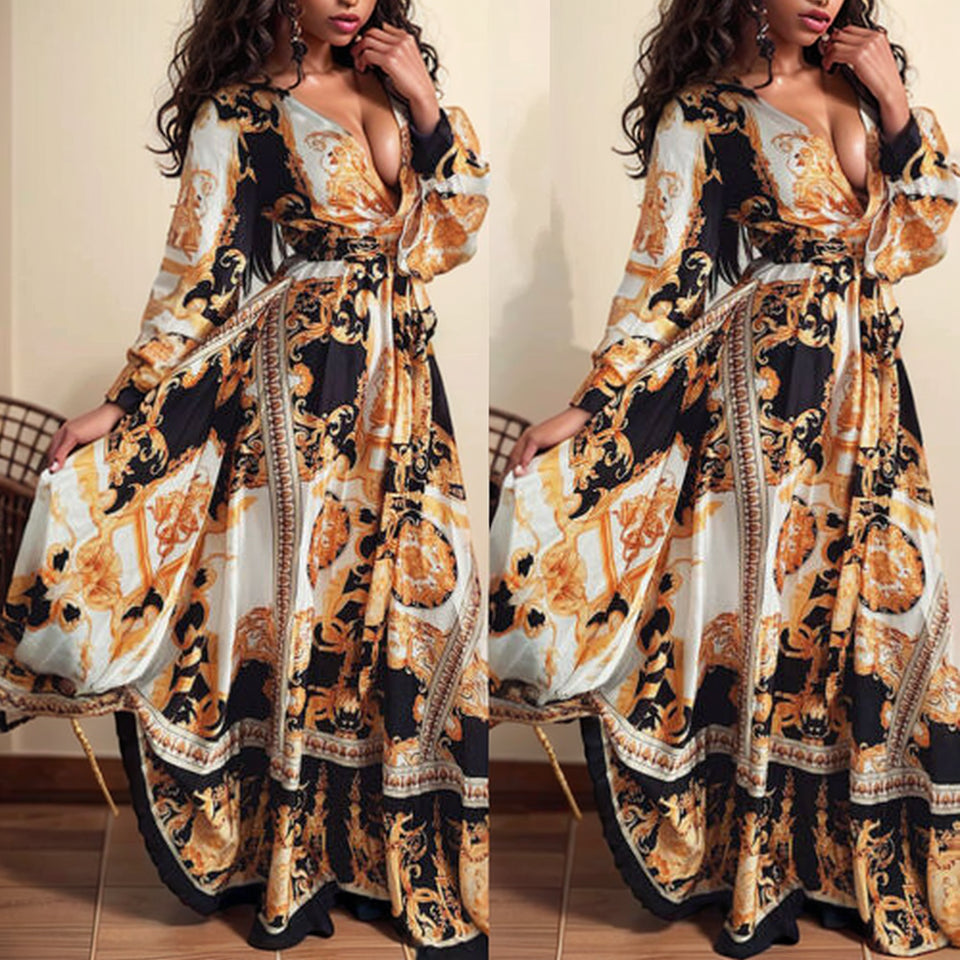 Elegant Print Maxi Dress V-neck Long Sleeve