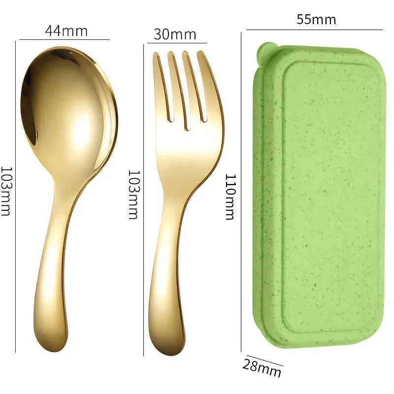 Mini Portable Stainless Steel Spoon Fork Set Storage Dessert Fruit Tool for Work School Short Handle Tableware Suitable for Kids