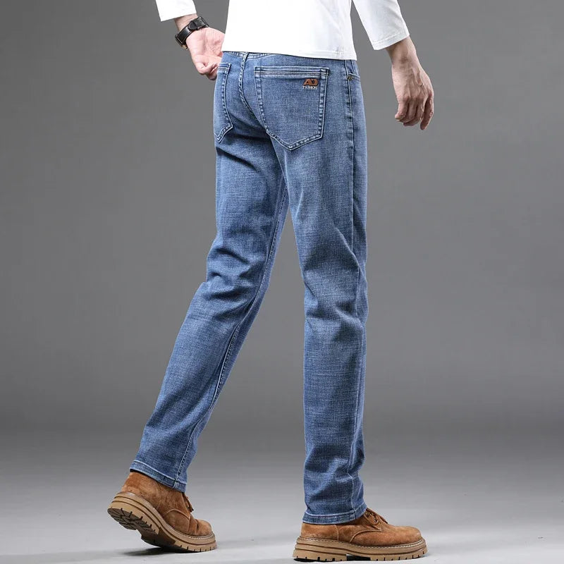 Spring Fashion Men's Light Blue Slim Jeans Stylish Business Casual Stretch Fabric Denim Pants Classic All Match Trousers