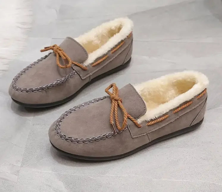 Women's Moccasins Soft Loafers Comfort Warm Plush Bow Slip on Cotton Shoes