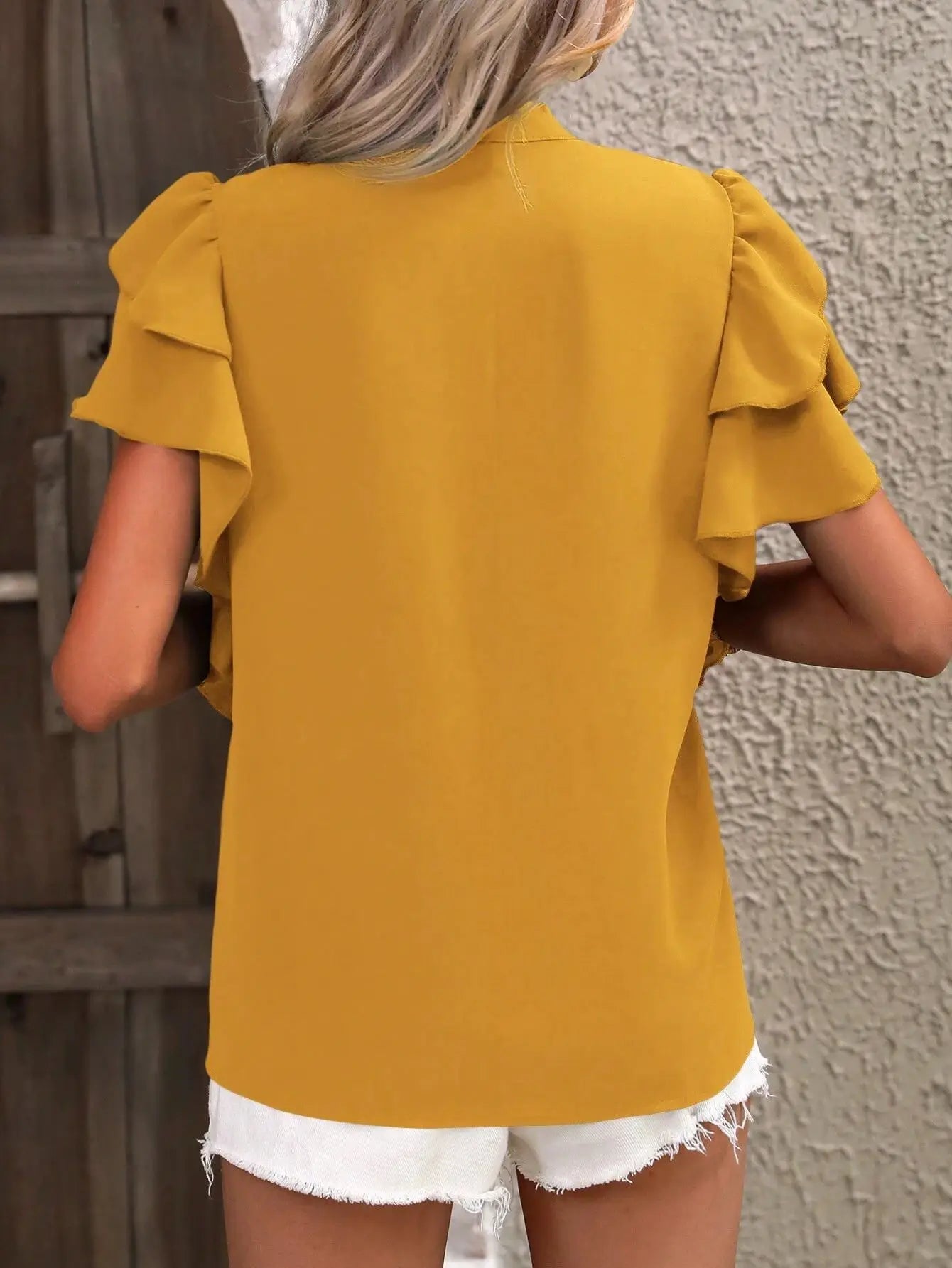 Elegant Women Summer Blouse V-neck Casual Double Layered Ruffle Sleeves