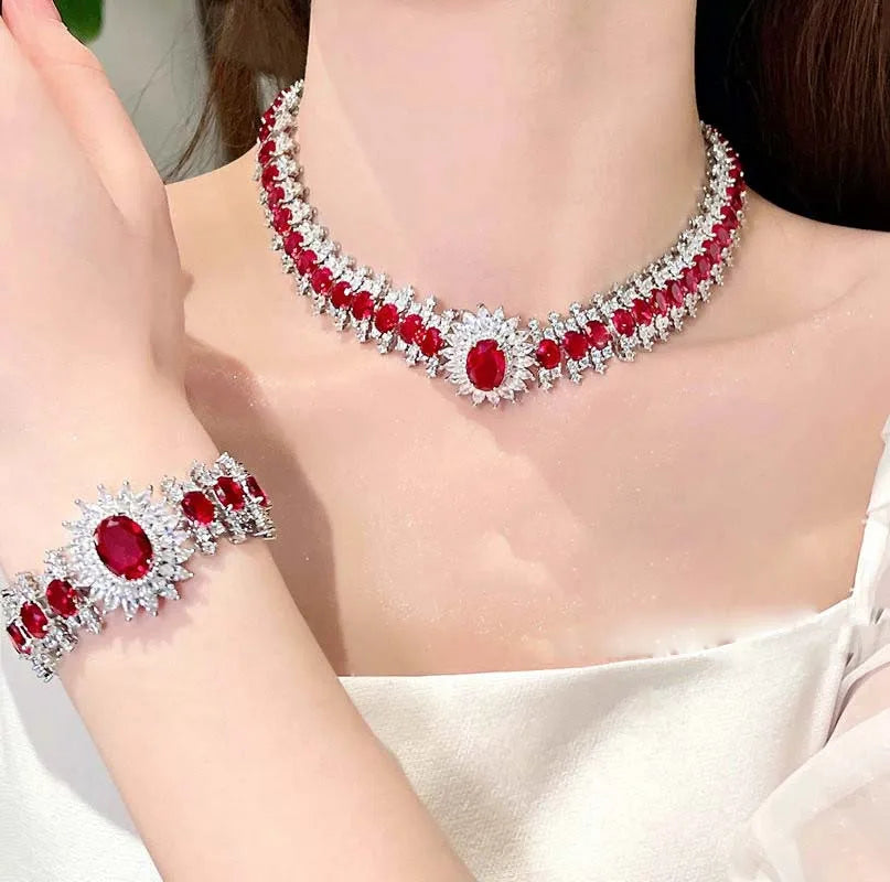 Women Necklace plated 18K red zircon flower bracelet
