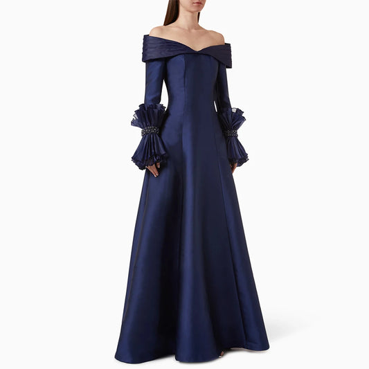 Navy Blue Satin Evening Dress Off Shoulder V Neck Pleat Beading Long Sleeve A Line