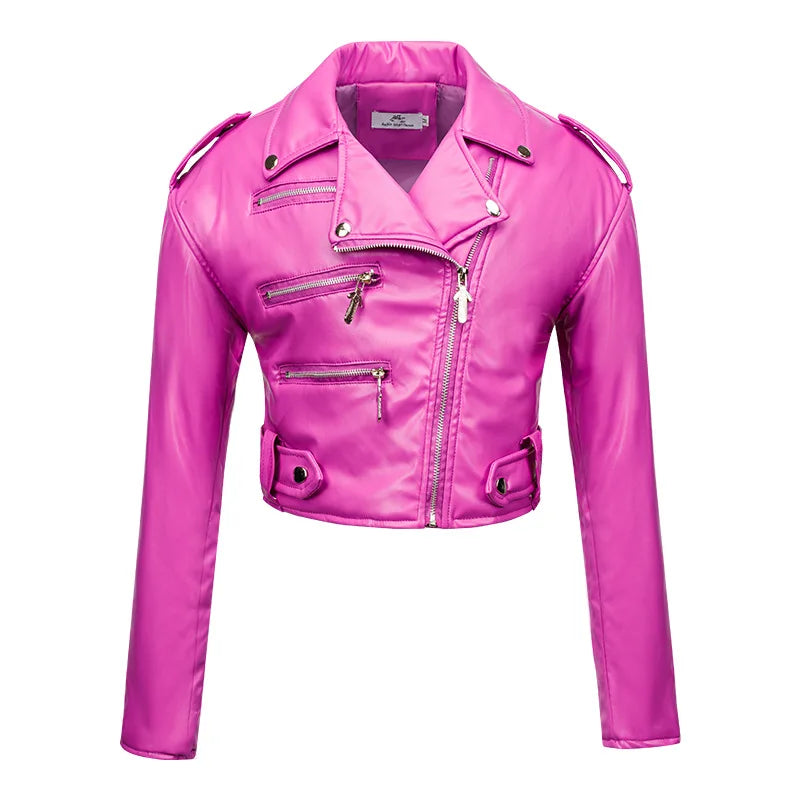 Women slim short PU leather jacket plus cotton high waist long sleeve lapel