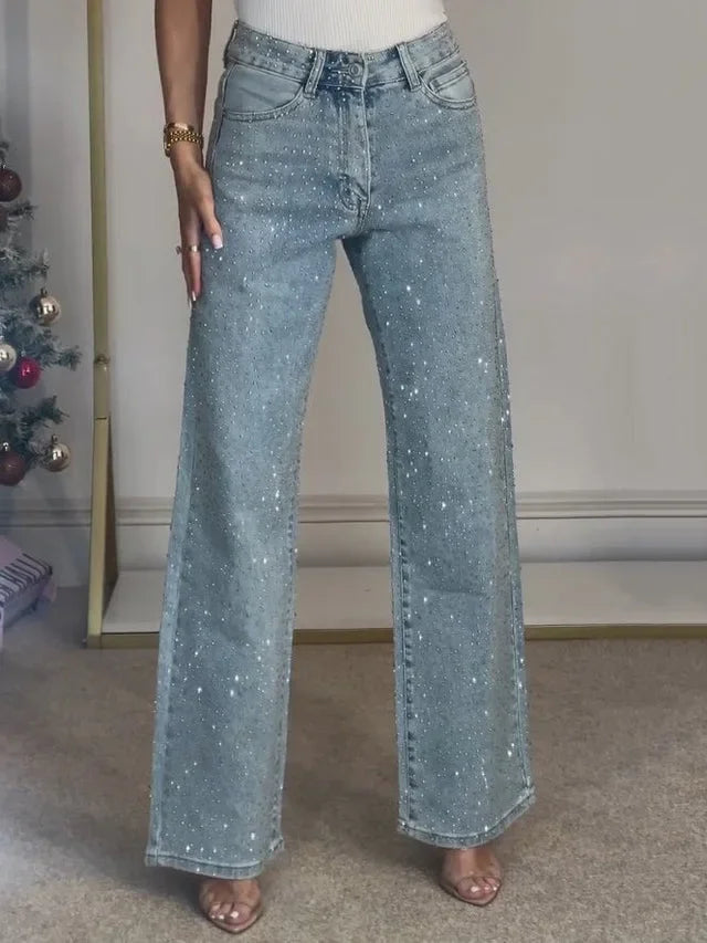 Women Diamonds Straight Jean Denim Trouser Pants Stretch High Waist