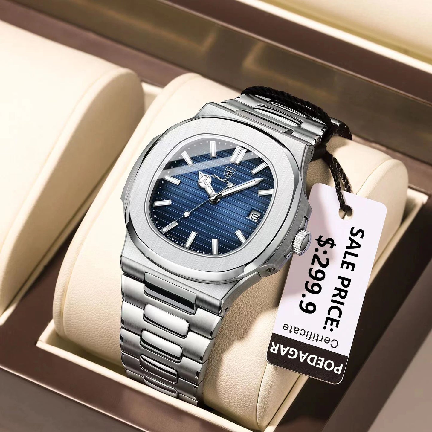 Luxury Men Watch Waterproof Clock Luminous Date Stainless Steel Square Quartz