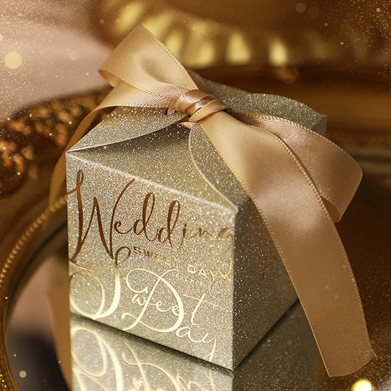 New Wedding Candy Box With Pearl Ribbon Bow High-End Gift Chocolate Box High Quality Glitter Powder Shell Gift Box