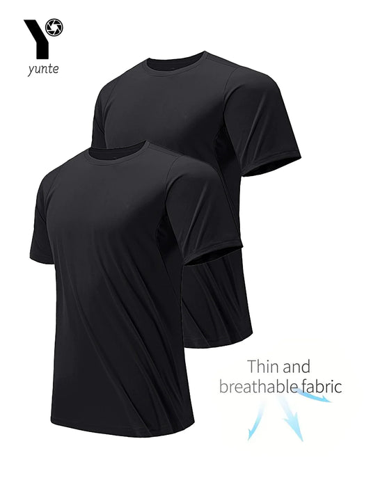 Round Neck T-Shirt 2-Pack Black Ultra-Light Men's Quick-Drying Breathable Sweat-Absorbent Shirt Suitable for Fitness Gym and Running
