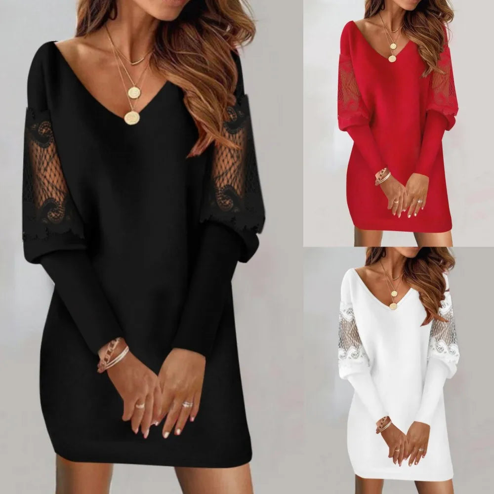 Elegant Women's V-Neck Mini Dress Lantern Long Sleeve for Autumn & Winter