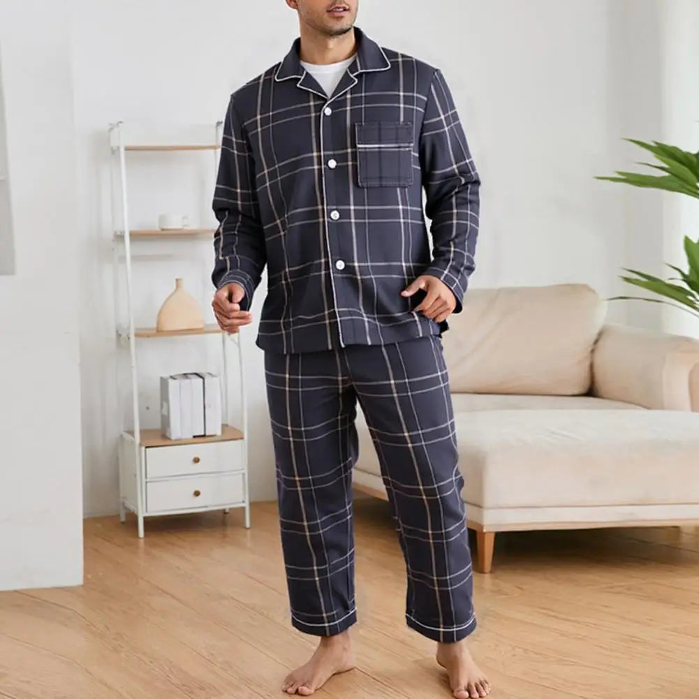 2Pcs/Set Men Pajamas Set Lapel Long Sleeve Single Breasted Tops Elastic Waist Long Pants Set Plaid Print Cotton Linen Sleepwear