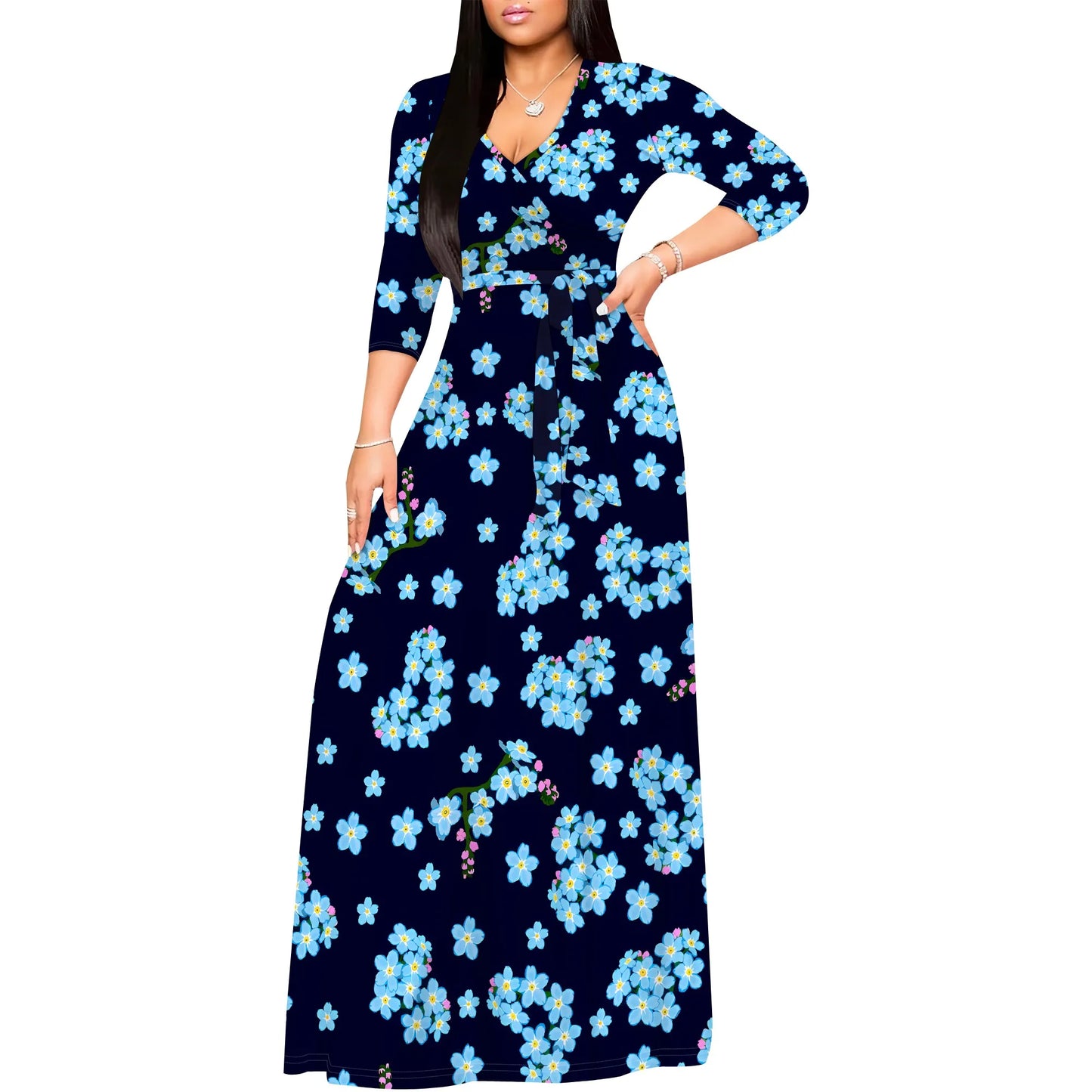 Romantic Floral Rose V-Neck 3/4 Sleeve Wrap Maxi Dress with Belt