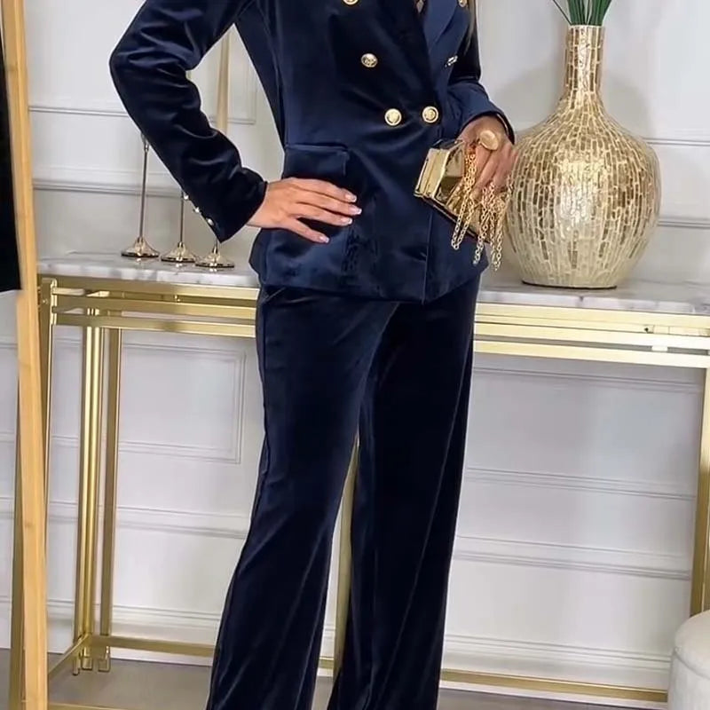 Women Double-breasted Velvet Suit Trousers Two-piece Set Autumn Winter