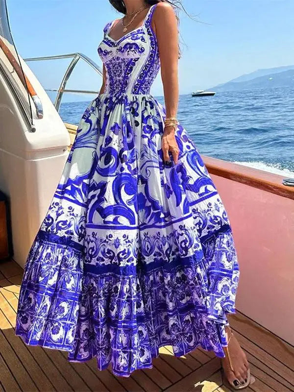 Elegant Summer Bohemian Sling Print Sleeveless A-line Long Dress
