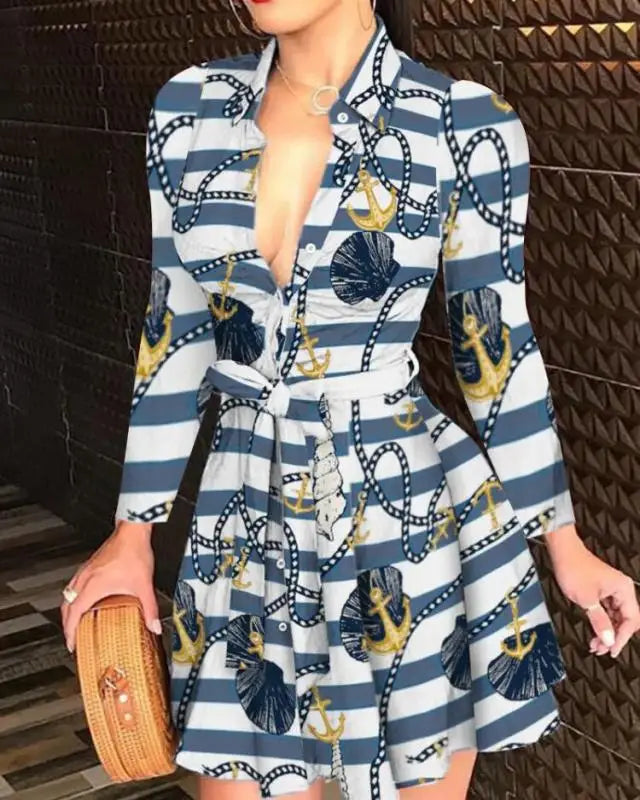 Elegant Casual Long Sleeved Dress With Buttons and Lapels