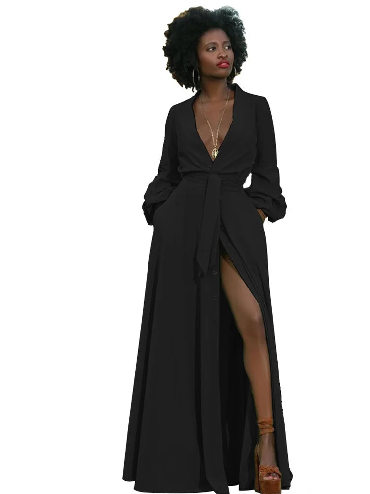 Women V Neck Sexy Long Sleeve Tassel Party Dress