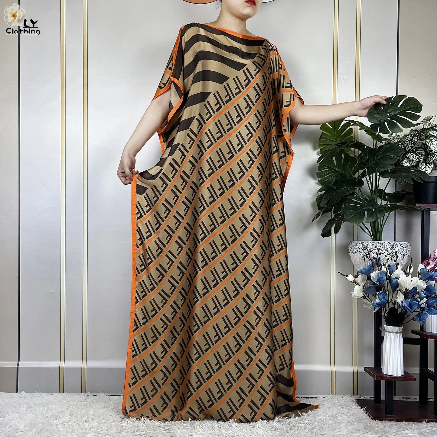 Women Printed Silk Soft Loose Maxi Party Dresses With Belt Turban