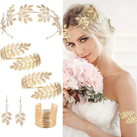 European and American new fashion personality golden leaf pearl headband bridal crown baroque party headgear