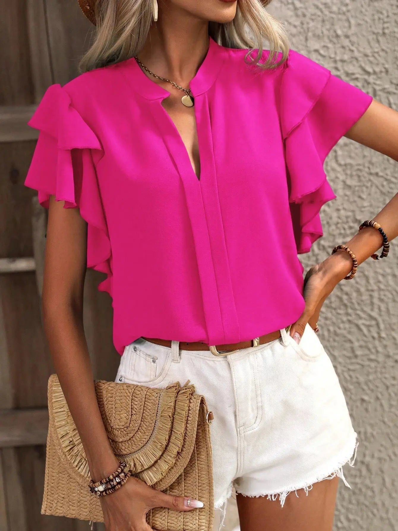Elegant Women Summer Blouse V-neck Casual Double Layered Ruffle Sleeves