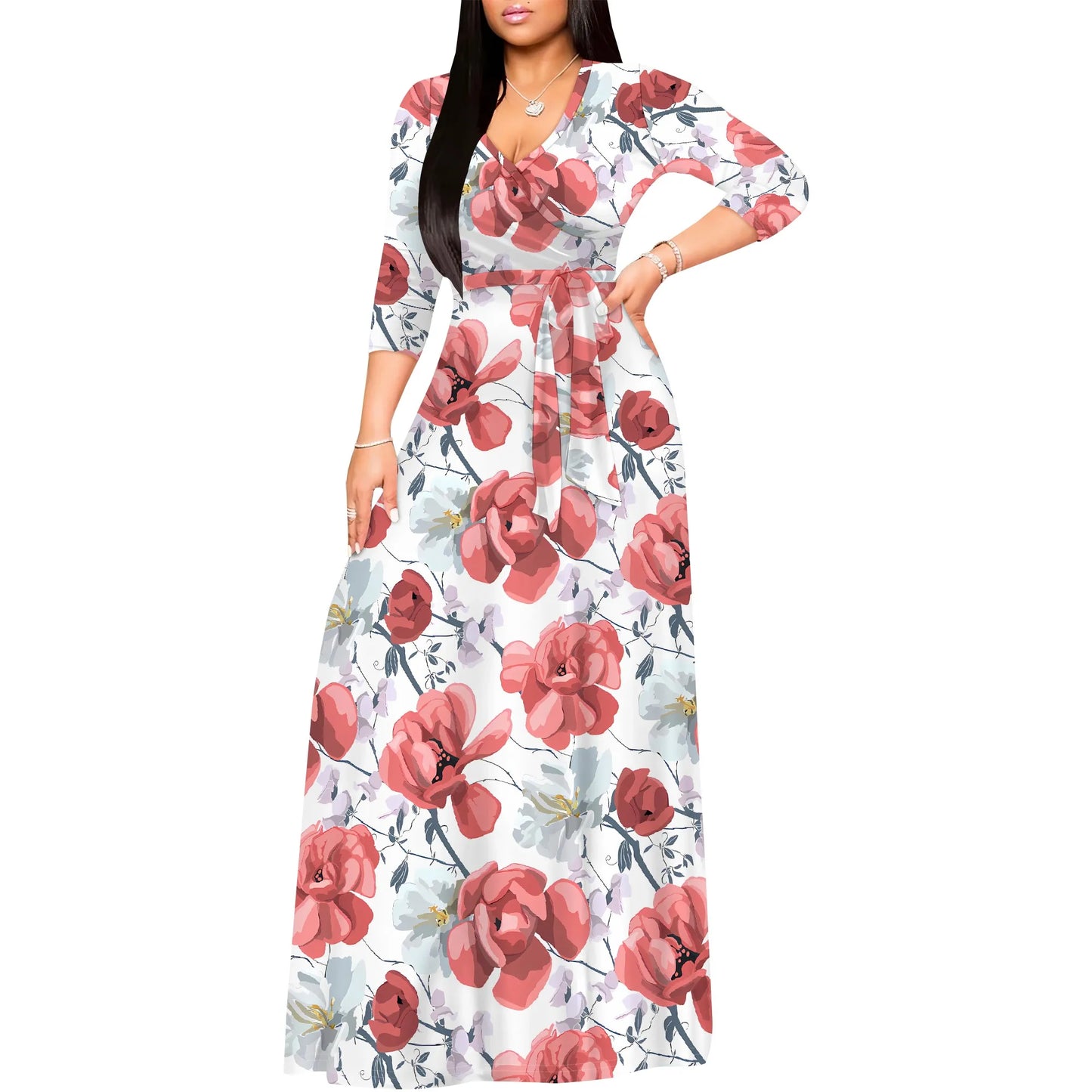 Romantic Floral Rose V-Neck 3/4 Sleeve Wrap Maxi Dress with Belt