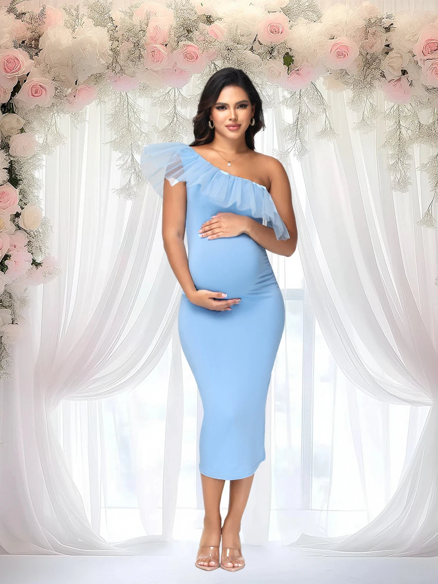 Maternity One-Shoulder Mesh Ruffled Collar Midi Dress for Party Baby Shower Photoshoot