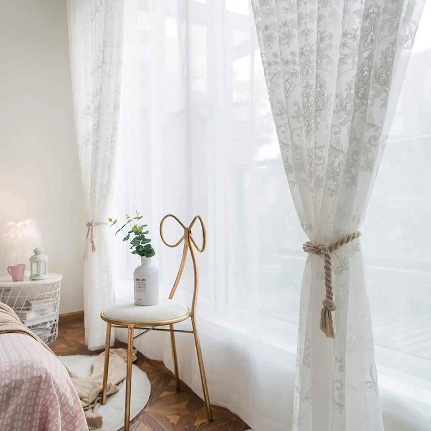 White Floral European Style Tulle Sheer Curtain Embroidered Window Curtains
