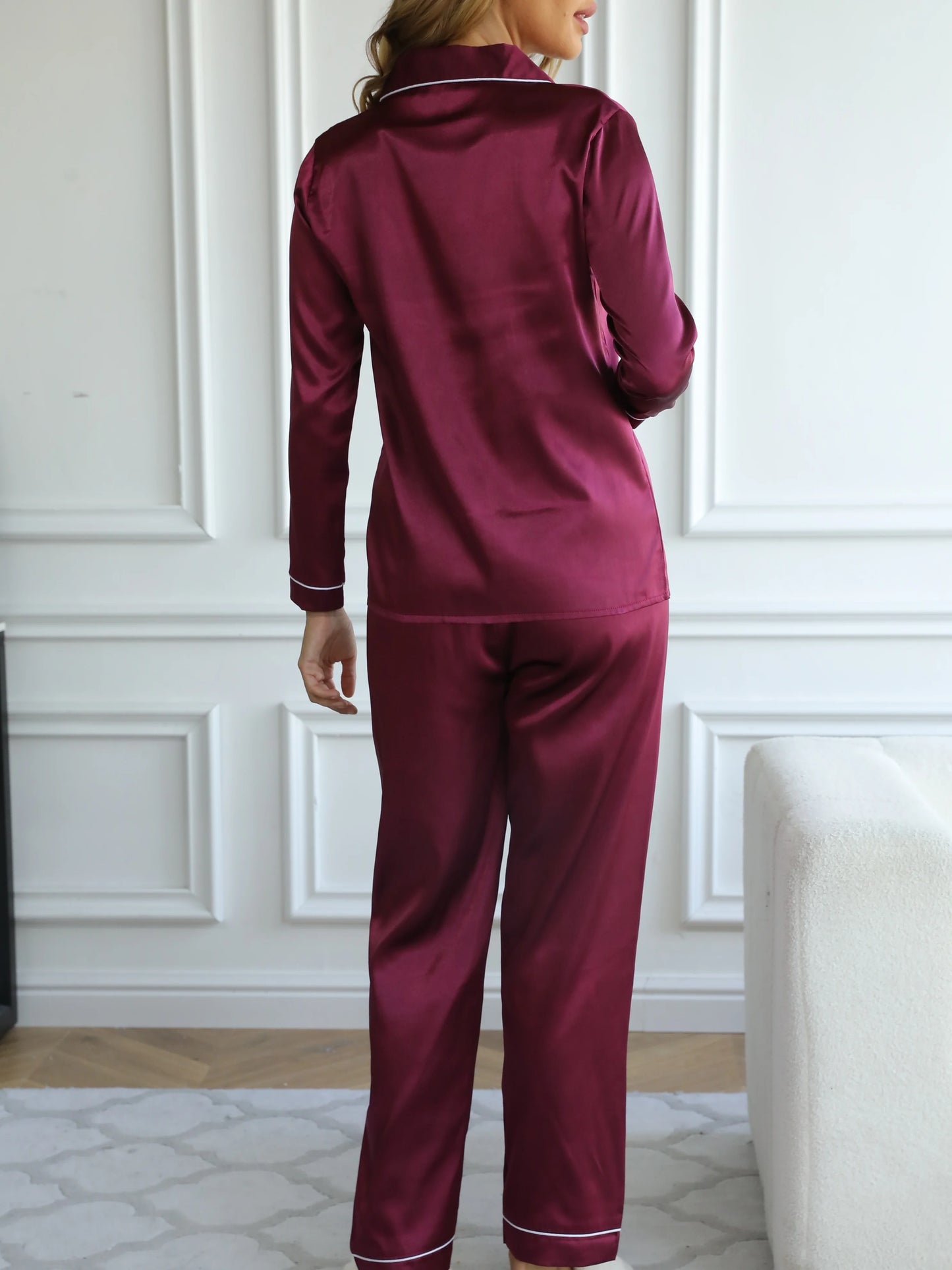 Women Solid Pajama Set Long Sleeve Button Up Lapel Top & Pants