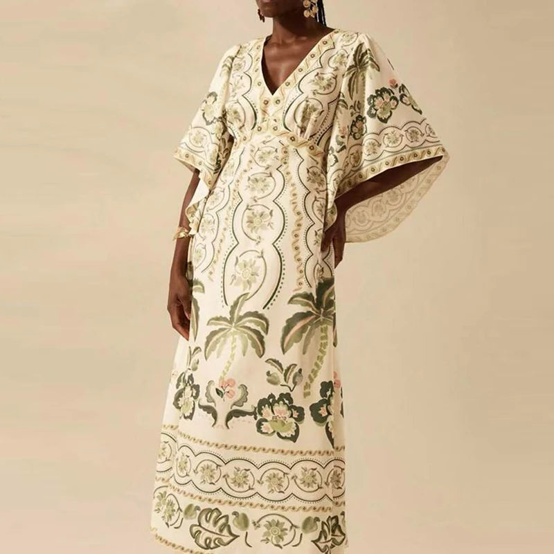 Summer Tropical Plant V-Neck Bohe Elegant Half Sleeve Loose Party Dress A-line