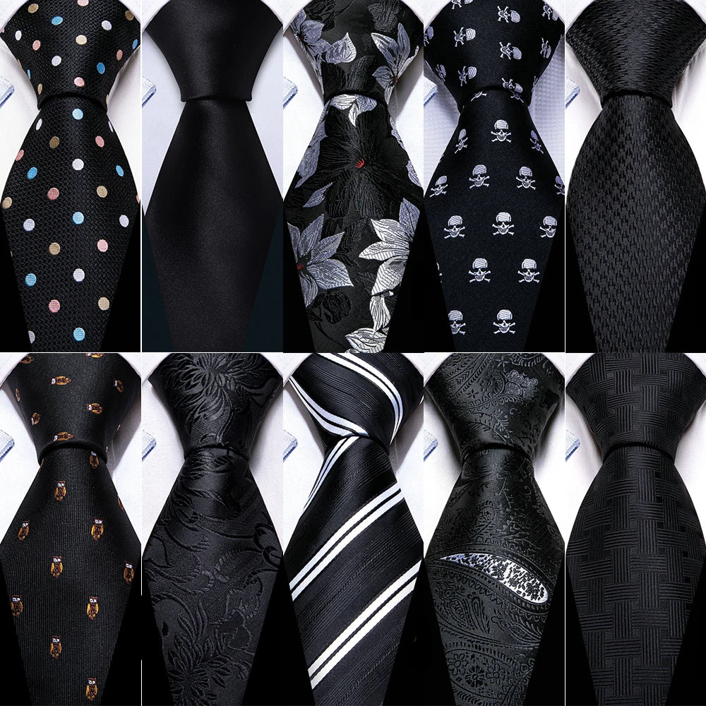 Business Black Silk Ties For Men Classic Solid High Quality Woven Pocket Square Cufflinks Sets Party Formal Designer Barry Wang