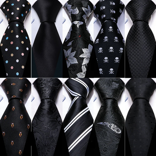 Business Black Silk Ties For Men Classic Solid High Quality Woven Pocket Square Cufflinks Sets Party Formal Designer Barry Wang