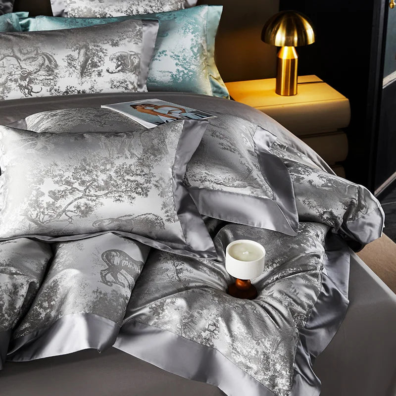 4/6Pcs Luxury Beige Gold Brocade Jacquard Egyptian Cotton Bedding Set Duvet Cover Flat/Fitted Bed Sheet Pillowcases