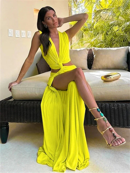 Summer Beach Sexy Maxi Dress Sexy Hollow Out Twist Knot High Split Sleeveless Deep V