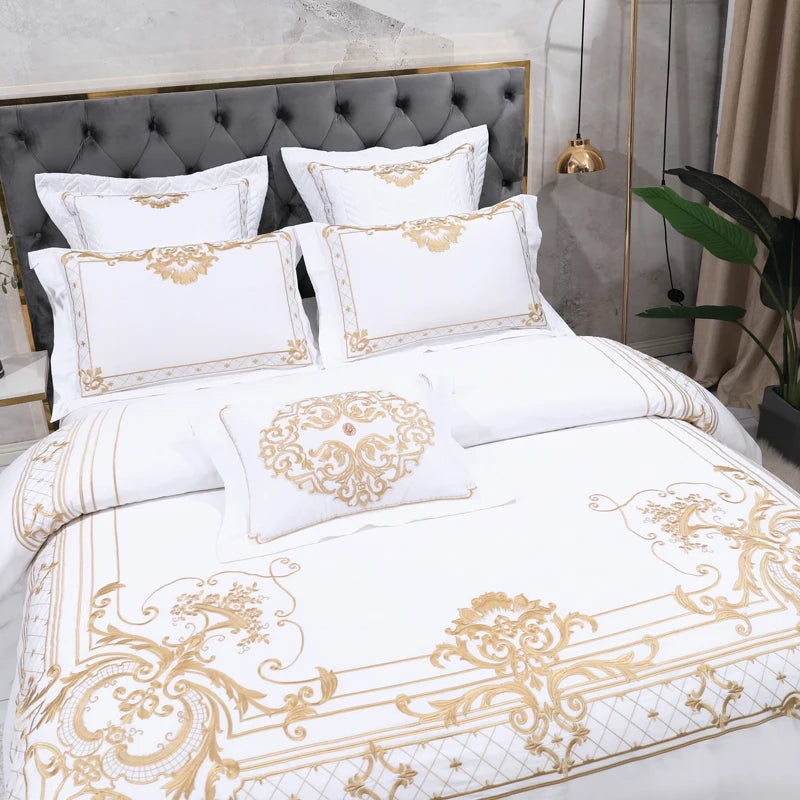 European Luxury White Egyptian Cotton Gold Embroidery Bedding Set Quilt Cover Fitted Bed Sheet Pillowcases Solid Home Textiles