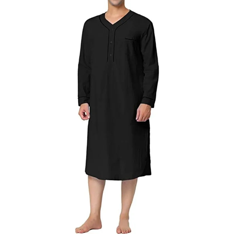 Men's Casual Long Sleeve V-neck Comfortable Pajamas Loose Fit Solid Nightgown