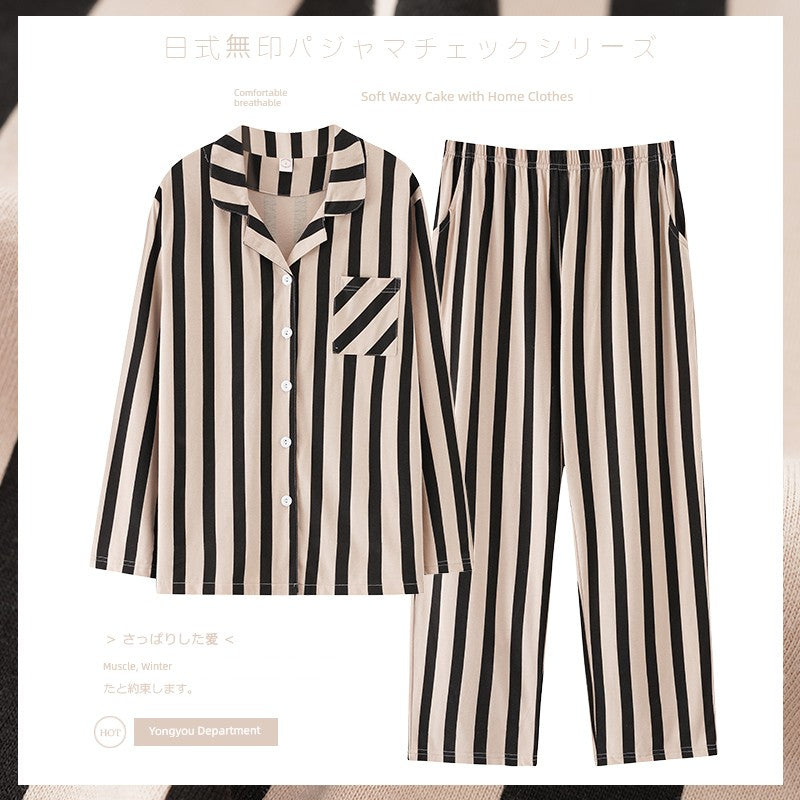 Cotton Couple Pajamas for Men and Women Spring and Autumn Pure Cotton Thin Plaid Long Sleeves Plus Size Outerwear