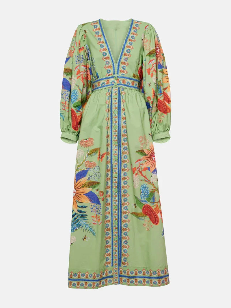 Bohemian retro ethnic style heavy-duty print elegant waist-defining slimming short vacation dress