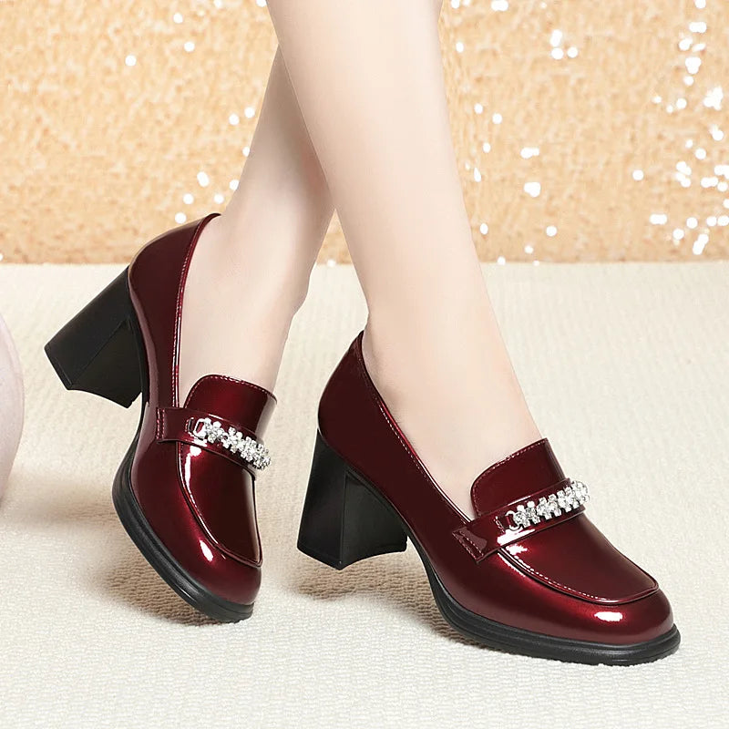 Leather High Thick Heel Pointed Toe Woman Pump Shoes