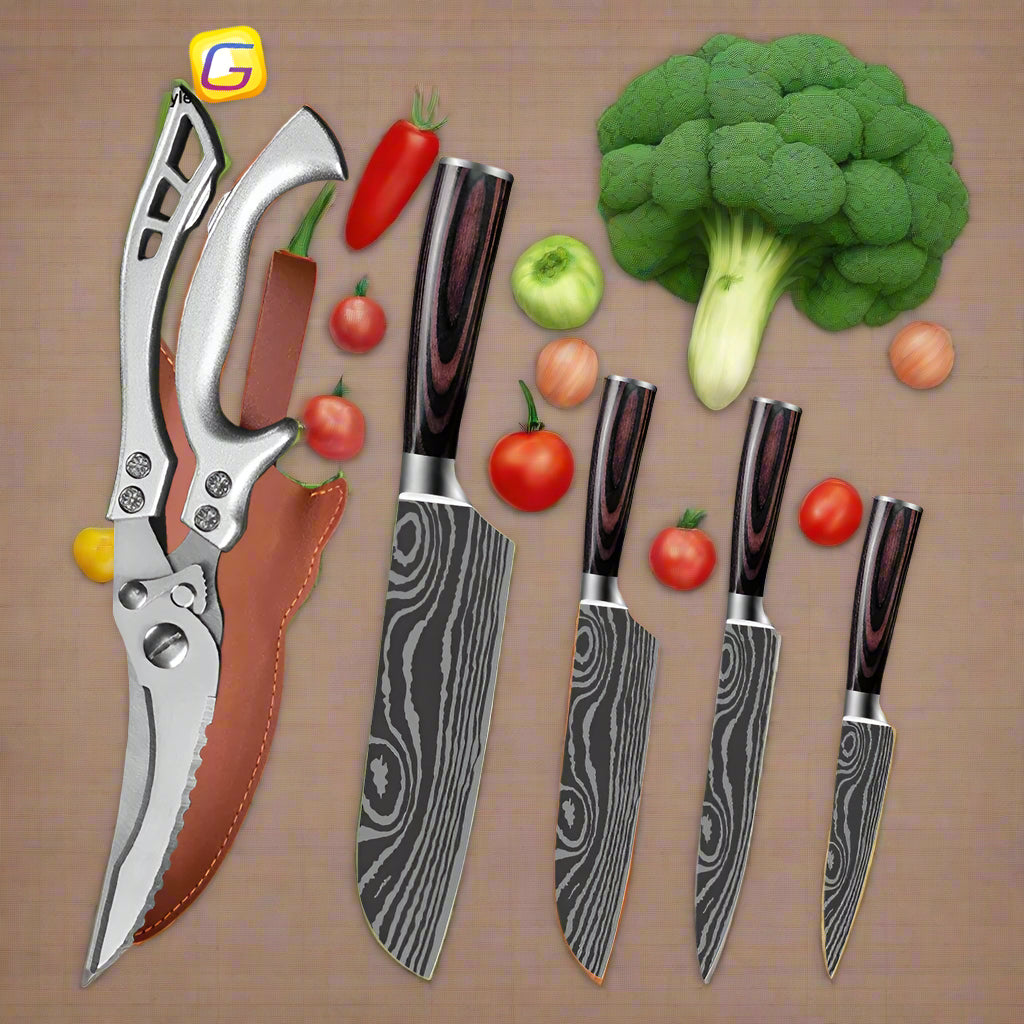 Damascus Laser Steel Kitchen Chef Knives with Shear Cutter and Wooden Handle