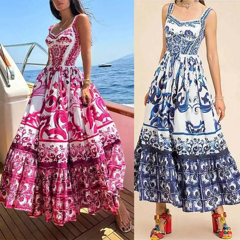 Elegant Summer Bohemian Sling Print Sleeveless A-line Long Dress