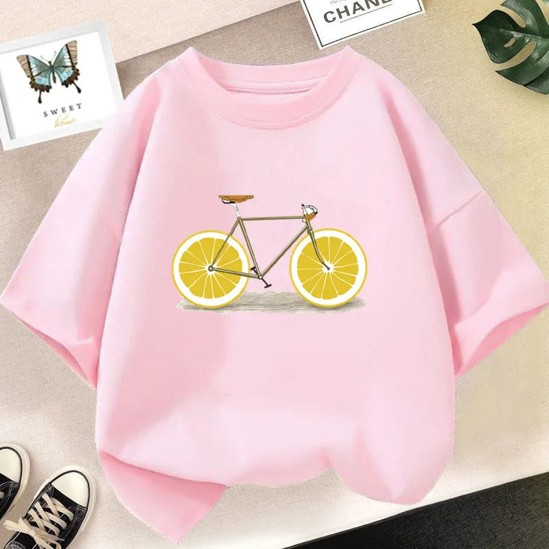 Kids T Shirt Cute Lemon Fruit Cartoon Bike Printed Tops Tee Short Sleeve Graphic Summer Fashion Boy Girl Clothing Unisex T-shirt