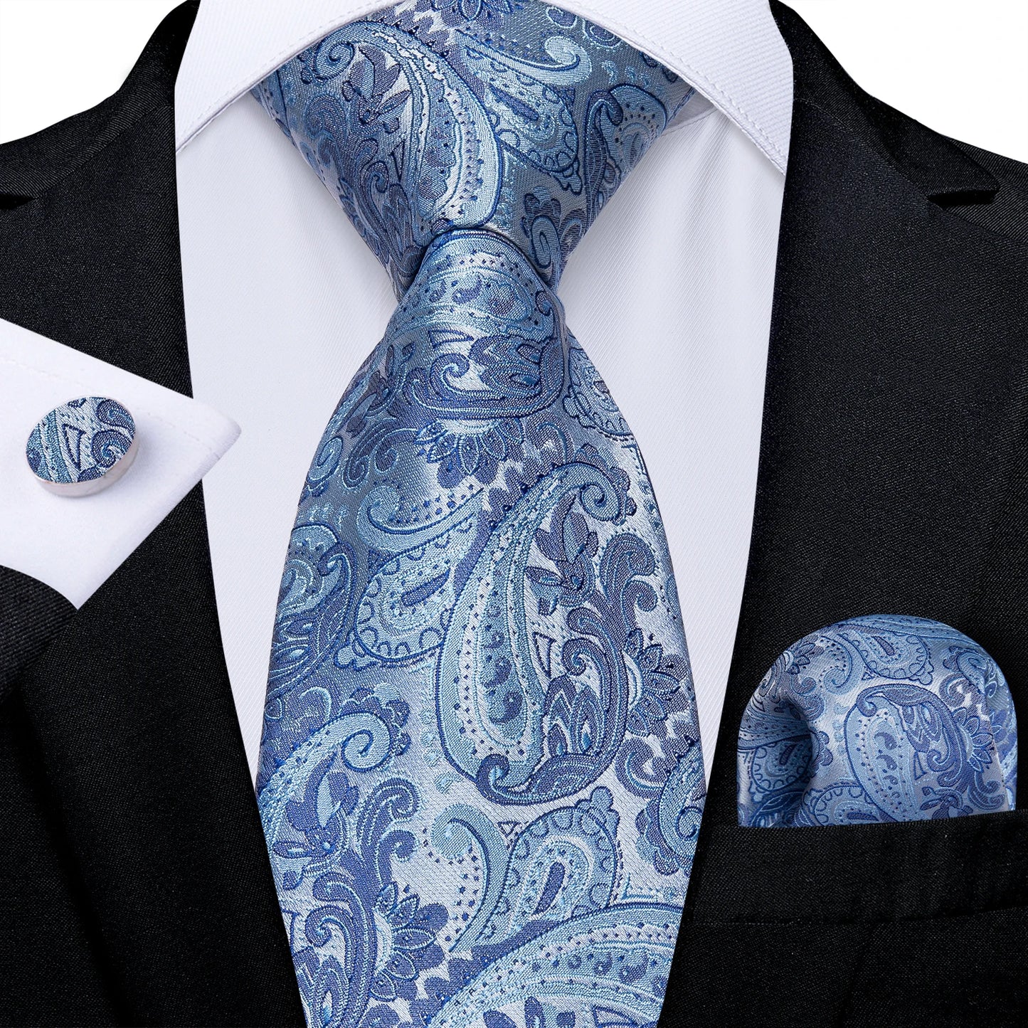 New Classic 100% Silk Men's Ties 8cm Blue Plaid Dot Striped Business Necktie Handkerchief Wedding Party Tie Set
