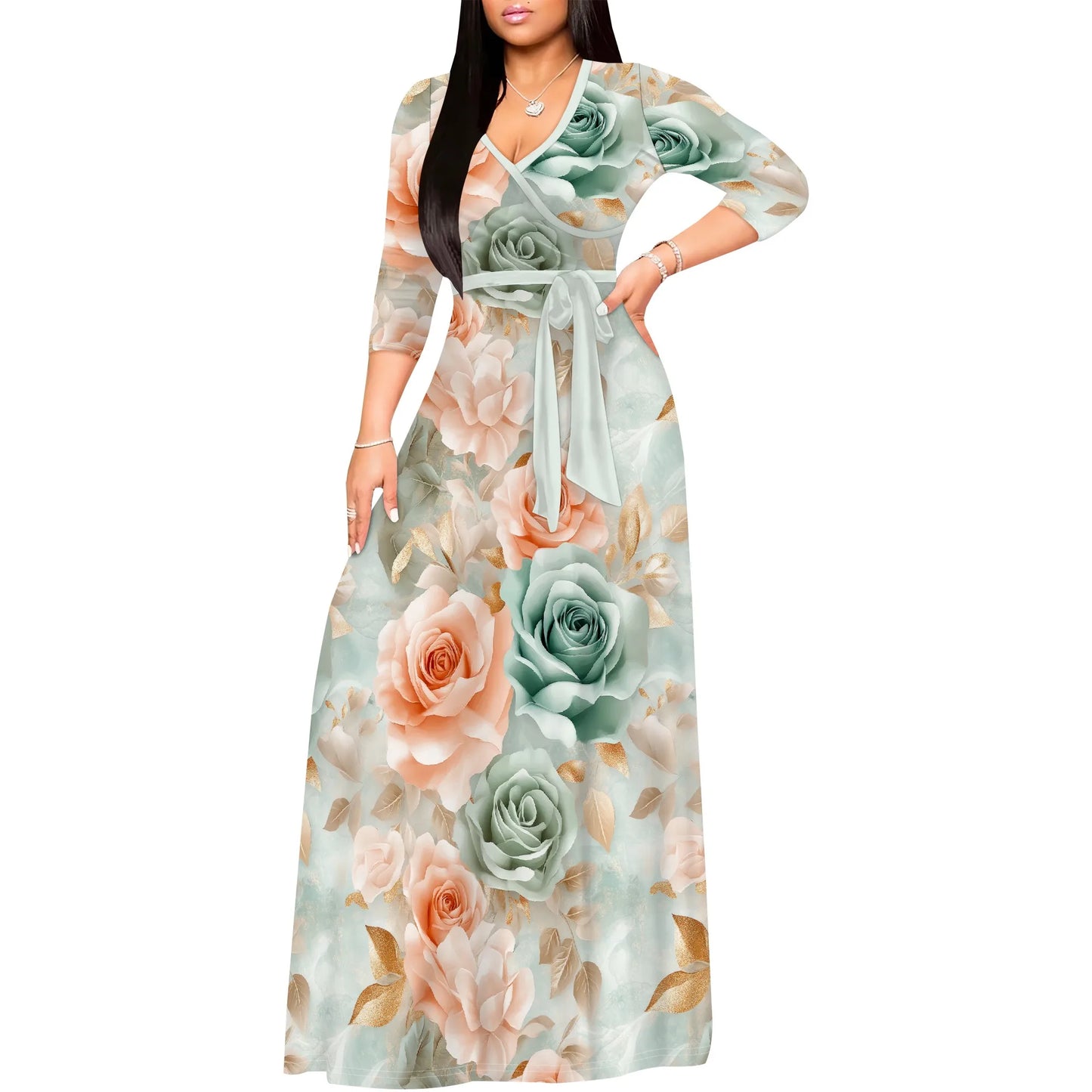Romantic Floral V-Neck 3/4 Sleeve Wrap Maxi Dress with Belt