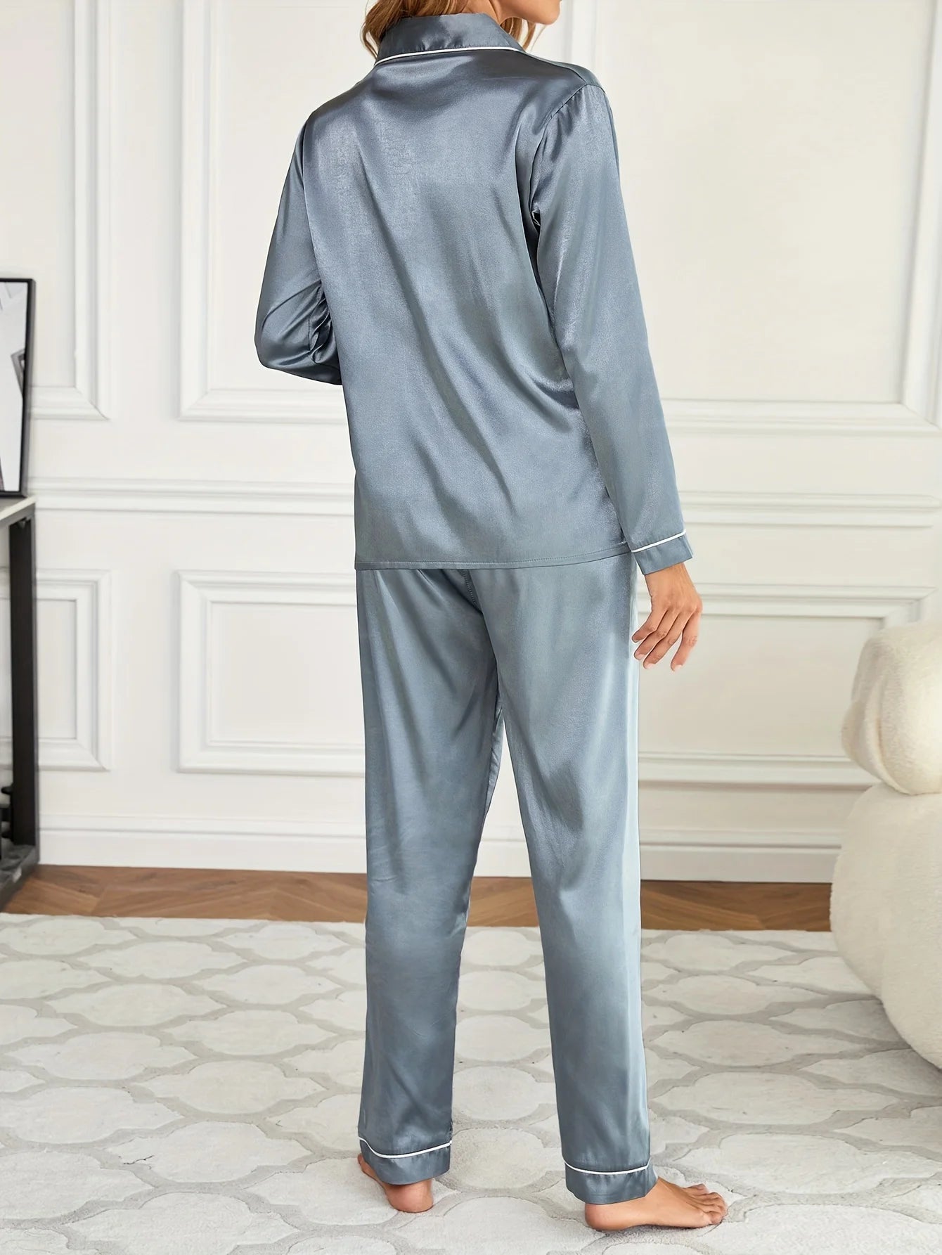 Women Solid Pajama Set Long Sleeve Button Up Lapel Top & Pants
