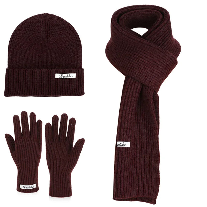Winter Warm Knitted Hat Scarf Gloves Women's Windproof Three-piece Set
