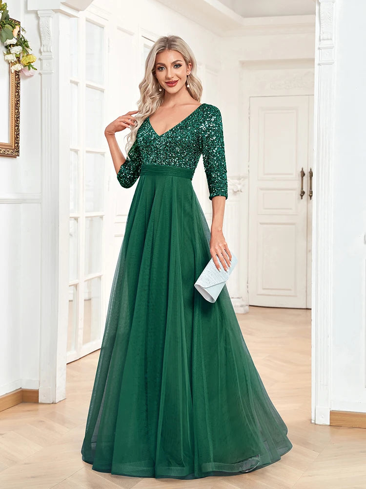Luxury Floor Length V-Neck Evening Dress Party Maxi Dress Sequin Short Sleeves Prom Cocktail Gown