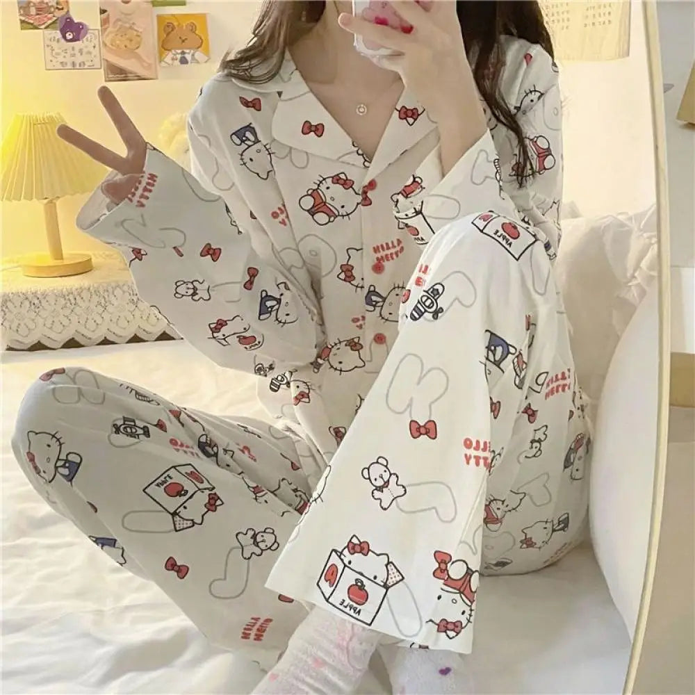Hello Kitty 2Pcs Pajamas Set for Women Long Sleeve Tops Pants Loungewear