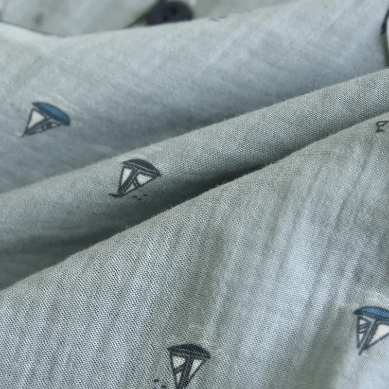 100% Cotton Gauze Men's Pajama Set Breathable Long Sleeve Sleepwear Button Down Loungewear with Nautical Print Soft Homewear