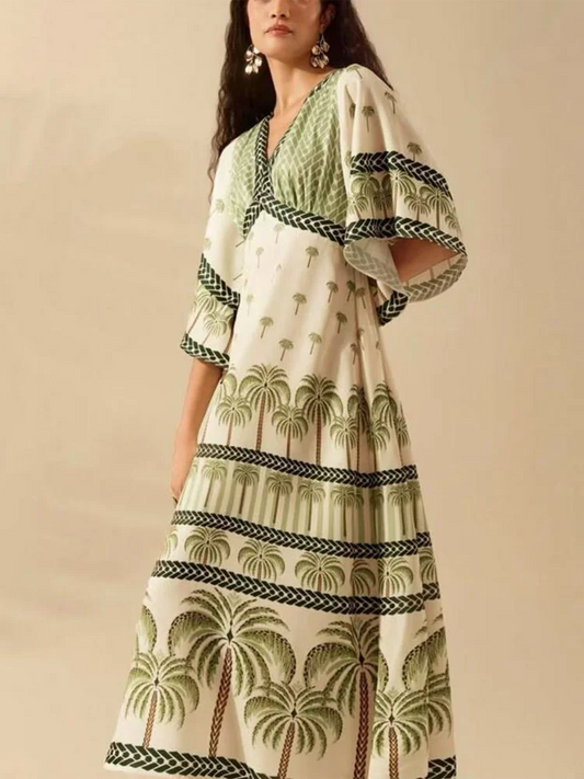 Women Summer Vintage Deep V Coconut Tree Print Flare Sleeve A-line Maxi Dress