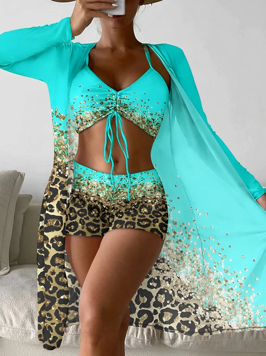 3 Pieces High Waist Bikini Printed Swimsuit Women & Kimono Swimwear