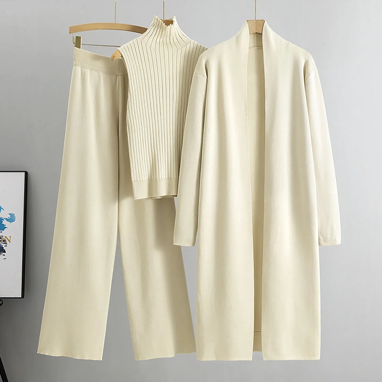 3 Piece Outfits Sweater Pullover Top & Knitted Long Cardigan & Wide Leg Pants Suits